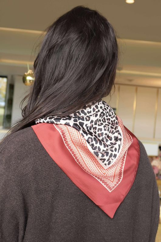 Leopard & Tile Border Triangle Silk Neckerchief Deep Rust